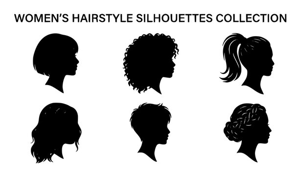 Six women hairstyle silhouettes collection isolated on transparent background vector set