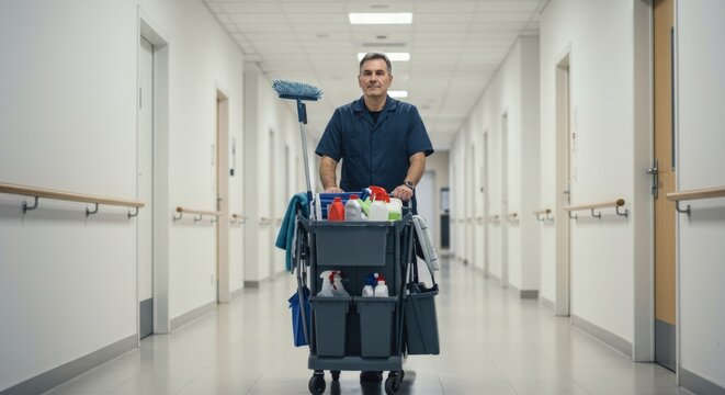 Male hospital janitor pushing cleaning cart in a long corridor. Healthcare facility maintenance and sanitation concept.