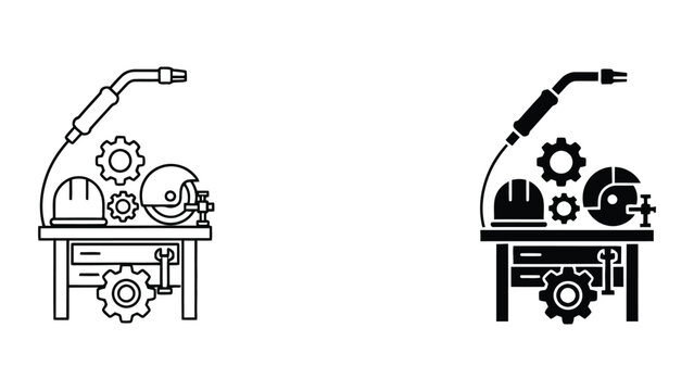Industrial workbench and metalworking tools icon set with welding helmet and circular saw in linear and solid black glyph style for manufacturing vector illustration
