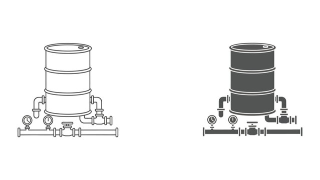 Industrial oil storage barrel with interconnected pipeline systems and pressure valves in linear and solid styles for energy sector and chemical plant infrastructure design and technical documentation