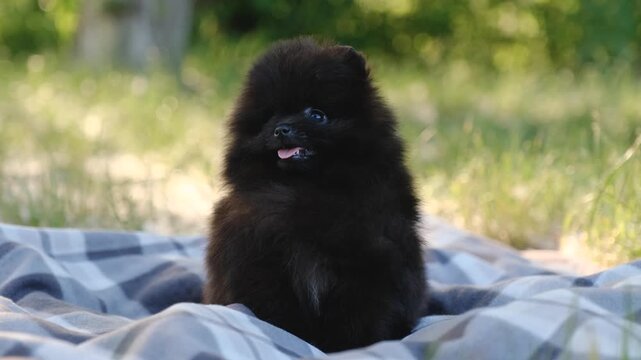 Cute black Pomeranian spitz puppy sitting on a plaid blanket outdoors in a sunny summer garden.
