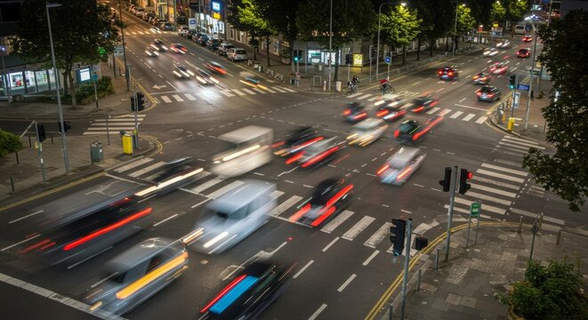 Time lapse photo of urban intersection at night with cars moving and light trails. City life and transportation concept.