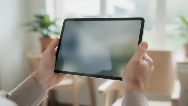 Person using a tablet to review and submit digital insurance documents in a sustainable onboarding setting main focus on the device screen while surroundings remain out of focus.