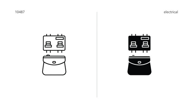 Electrical junction box and technical hardware icons set in clean outline and solid black vector style for power grid and industrial electrical engineering schematics