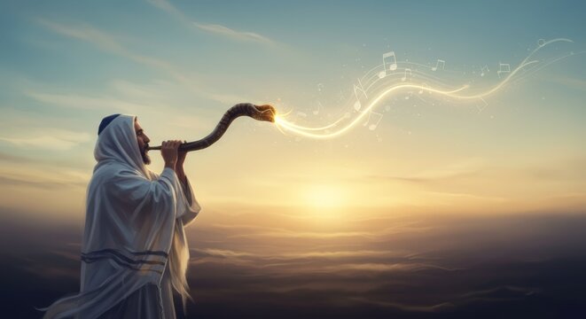 Jewish man blowing shofar with musical notes and light. Celebration of Rosh Hashanah, Yom Kippur holiday. Religious faith ceremony concept.