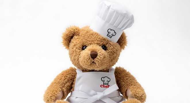 Cute teddy bear wearing a chef hat and apron isolated on white background