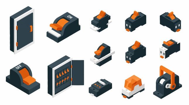 Collection of isometric electrical circuit breakers and switches in various designs and sizes.