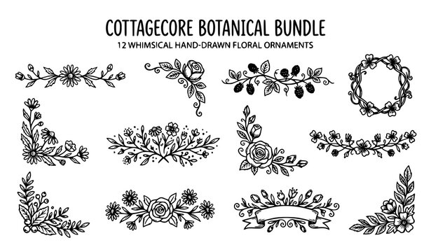 Cottagecore botanical vector ornaments with whimsical hand drawn floral garden contour lines