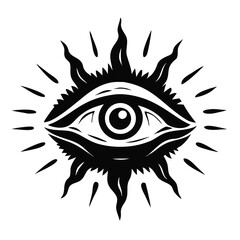 Obraz premium Mystical third eye with sun rays. Esoteric spiritual symbol vector illustration. Isolated all seeing eye silhouette