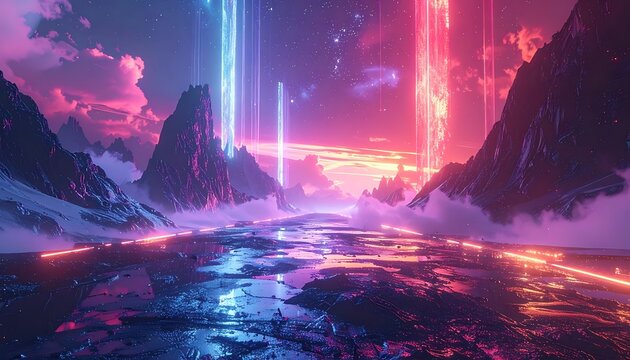 A vibrant, neon-lit mountain range with a glowing pathway
