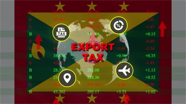Export Tax Implications: A graphic representation illustrating the concept of export tax, featuring a world map superimposed with financial data and icons related to global trade.