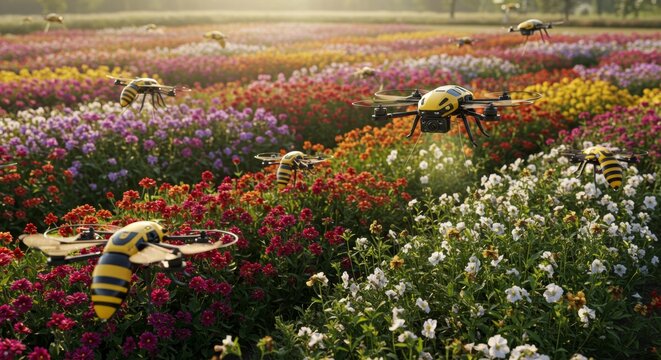 Swarm of bee drone robots flying and pollinating a field of vibrant flowers under bright sunlight. Automated agricultural technology for sustainability concept.