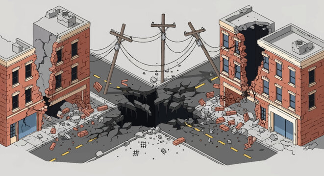 Isometric view of a city street intersection damaged by an earthquake, with buildings crumbling and a large sinkhole in the road.