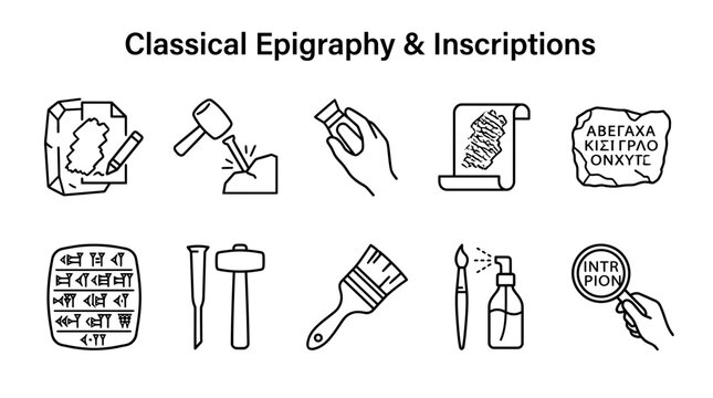 A grid of ten blackline icons representing archaeological tools and epigraphic studies on a white background