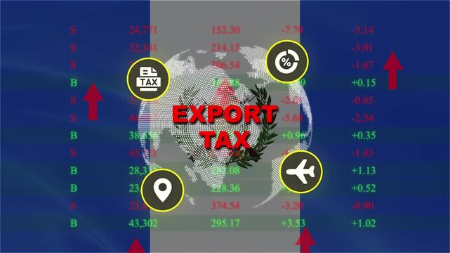 Export Tax Global Trade: Visual representation of global trade and the impact of export tax, featuring icons of transport and a globe with financial data overlays.