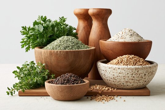 Wooden bowls with dried herbs peppercorns and spices on tabletop culinary arts