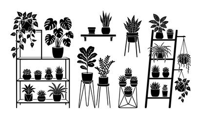Minimal plant silhouette vector collection with shelves stands and indoor greenery © MdRabbi