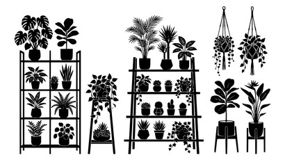 Obraz premium Indoor plant silhouette vector set with shelves stands and botanical decor elements