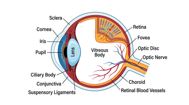 Human eye anatomy diagram with detailed internal structure labels