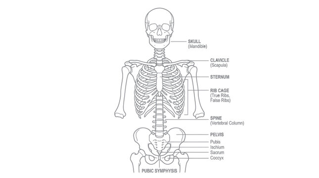Anatomical diagram of human torso skeleton with detailed bone labels