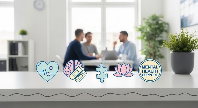 Mental health support icons on office desk with blurred colleagues in background
