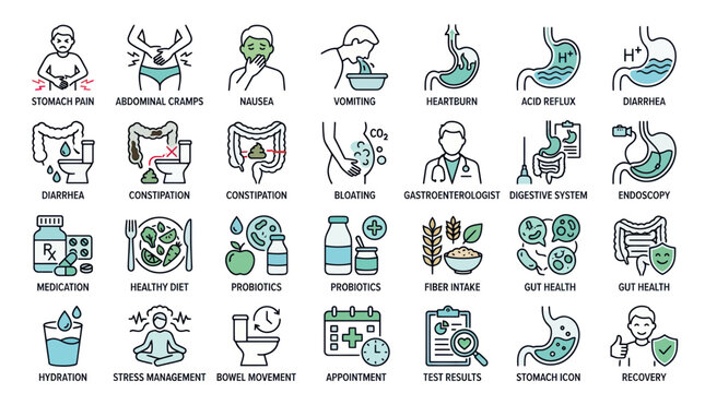 Gastrointestinal health and digestive system icons set