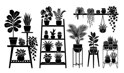 Black plant silhouette vector set with stands shelves and decorative holders © MdRabbi