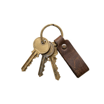 Isolated three brass house keys attached to a vintage brown leather keychain loop for real estate and home security advertising