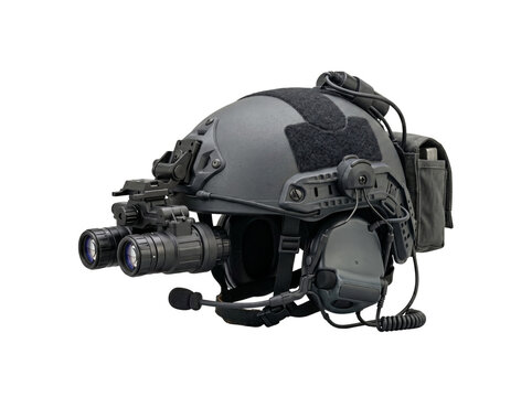 Isolated tactical helmet with night vision goggles and communication headset for product catalog