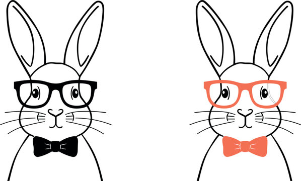 Cute cartoon rabbits vector set with pastel easter bunny characters wearing glasses and bowtie for kids nursery design