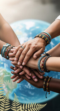 Stack of diverse hands with colorful bracelets, symbolizing unity and global connection, against a blurred world map.