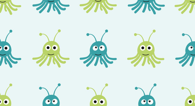 Cute repeating pattern of small alien creatures in green and blue with multiple tentacles and antennae on a soft blue background for kids.