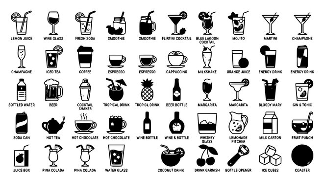 Flat Drinks Web Icon Set in Line Style