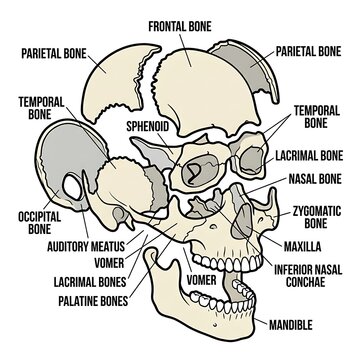 Detailed anatomical diagram of human skull bones.