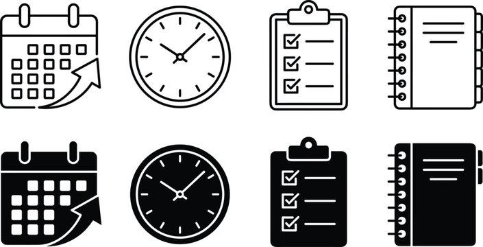 Time management and productivity icon set featuring black glyph and outline calendar clock checklist clipboard and spiral notebook symbols