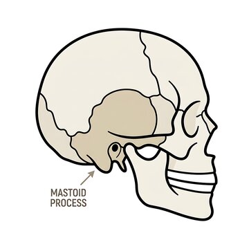 Human skull anatomy with mastoid process labeled.