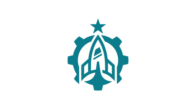 A teal colored graphic icon featuring a rocket ship inside a mechanical gear shape