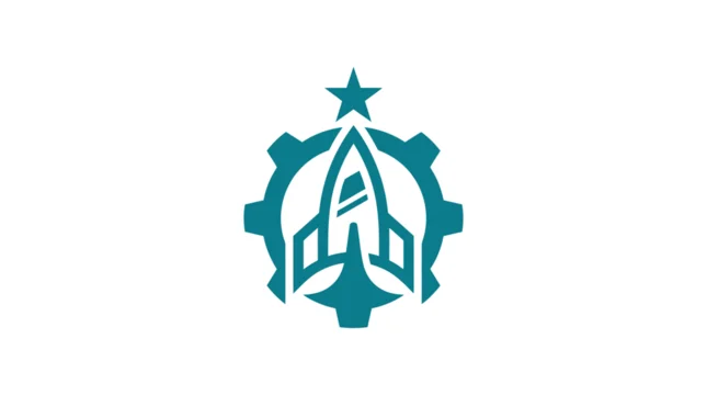 A teal colored graphic icon featuring a rocket ship inside a mechanical gear shape
