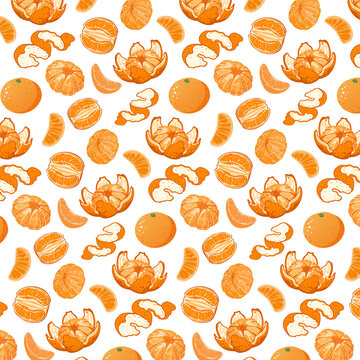 Whole and peeled tangerines on a white background.Vector seamless pattern with whole and peeled tangerines on a white background.