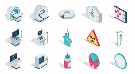 Fototapeta premium Collection of isometric medical equipment and symbols, including MRI scanner, ultrasound, radiation warning, and medical symbols.