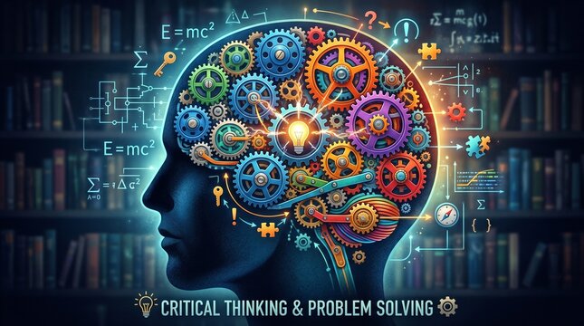 Conceptual 3D render of a human brain composed of interlocking colorful gears, symbolizing critical thinking.