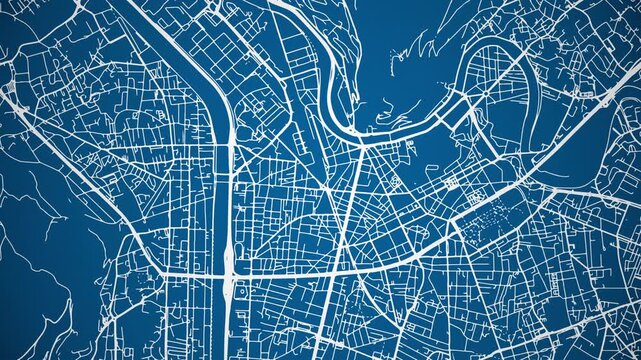 Ink reveal animation of Grenoble, Is&egrave;re, Auvergne Rh&ocirc;ne Alpes, France grid map. Aerial top view. Blueprint style. White lines with blue background. 4K Seamless loop.