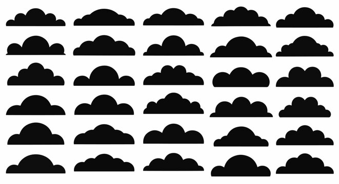 Collection of thirty black cloud silhouettes in various rounded shapes, isolated on white background, suitable for weather icons, web UI design, and minimalist flat vector graphics.