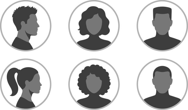 User avatar placeholder icon set featuring male and female silhouette profiles inside circular frames for social media account