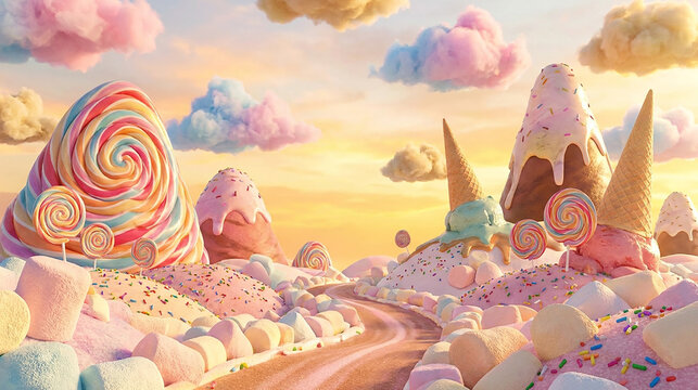 oversized lollipops, candy canes, and gumdrops lining the path, soft pastel-colored cotton candy clouds floating in the sky