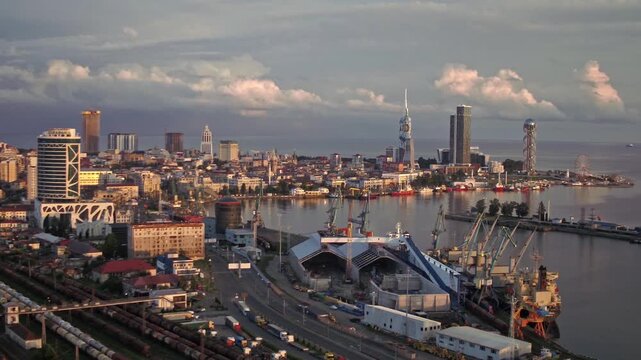 Aerial view of Batumi Georgia, modern city skyline and Black Sea coast