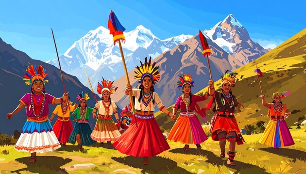 Inti Raymi Andean Dancers in Mountains