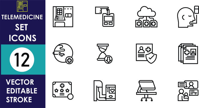 Telemedicine line icon set featuring virtual healthcare, medical records, remote consultation, video calls, digital monitoring, diagnostics, patient management, and healthcare technology.