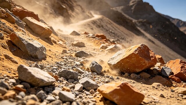 Rolling boulders and dust clouds during a rockslide on a steep desert mountain slope with orange rocks and harsh sunlight