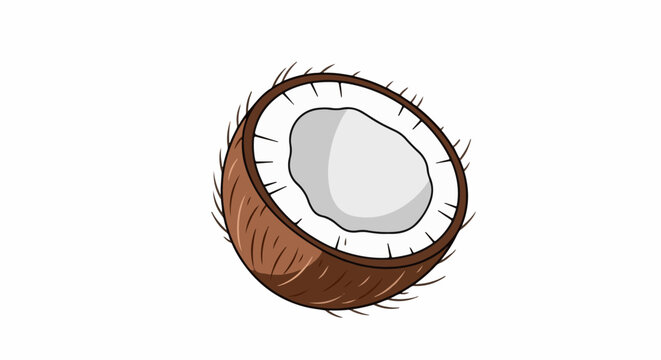 A simple, stylized illustration of a halved coconut with its white flesh exposed, against a white background